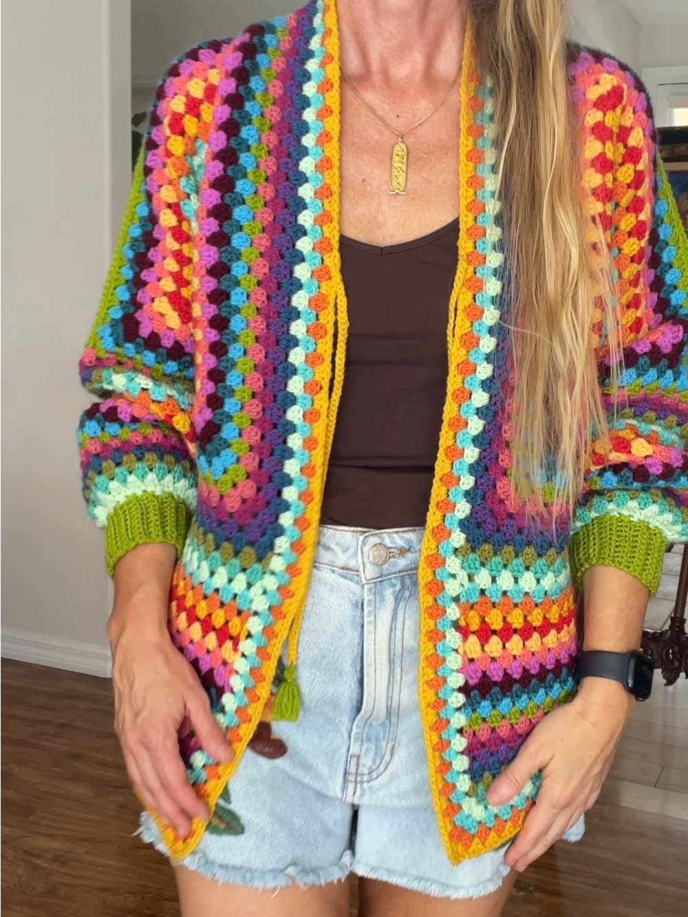 Hand Crafted Multicolor Crochet Granny Cardigan Sweater - Bright Stripe Tie